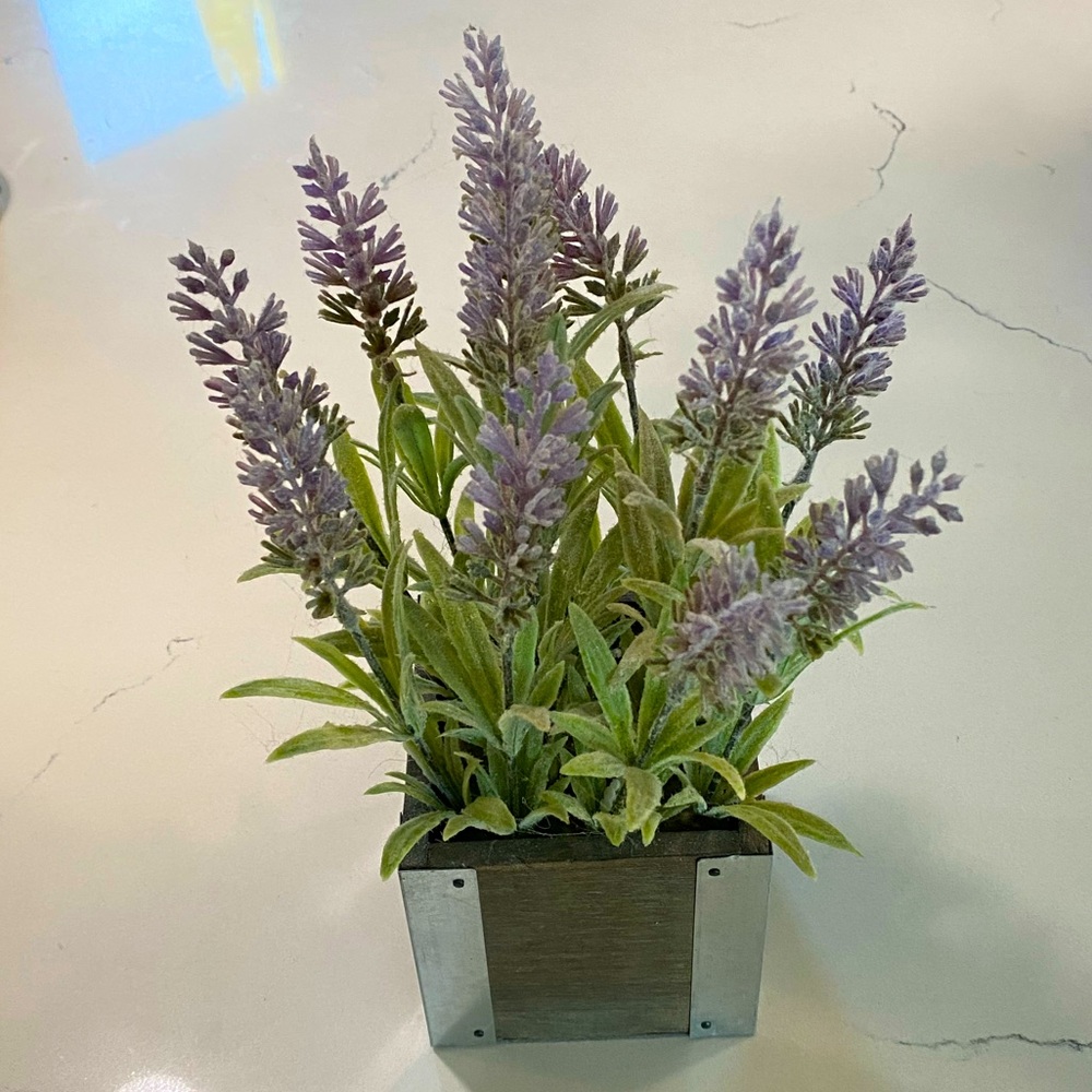 Faux Lavender House Plant in Wood Planter Rustic Farmhouse Decor